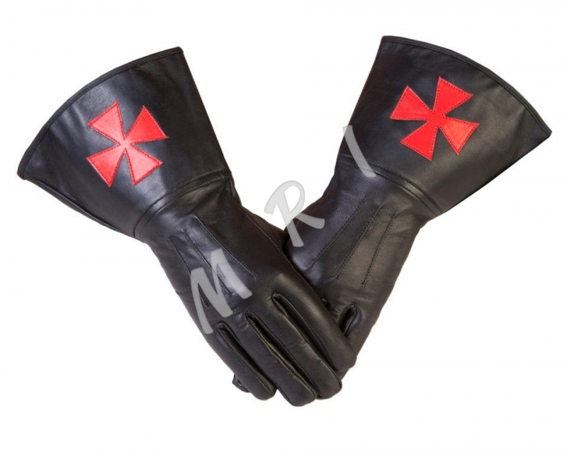 Black leather Gauntlets â€“ Red Templar Cross